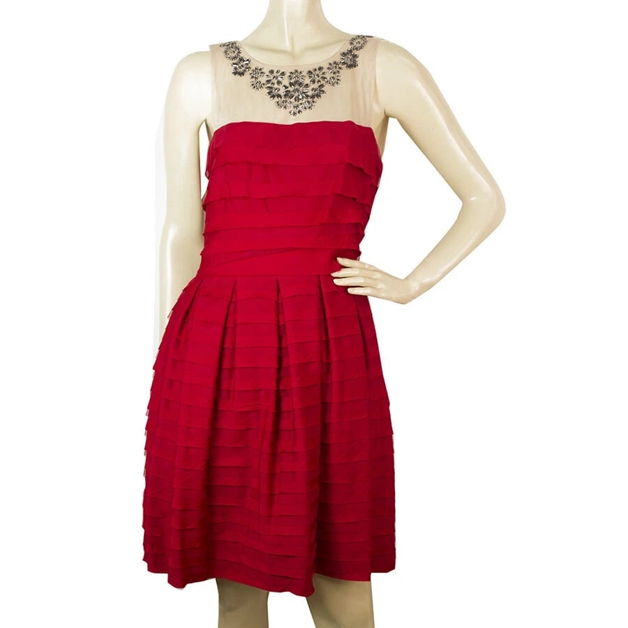 BCBG MaxAzria Red Ruffled Beaded Neckline Mini Length Dress size S: Title:BCBG MaxAzria Red Ruffled Beaded Neckline Mini Length Dress size S Description:BCBG MaxAzria Red Ruffled Beaded Neckline Mini Length Dress size S This magnificent dress is crafted from deep red
