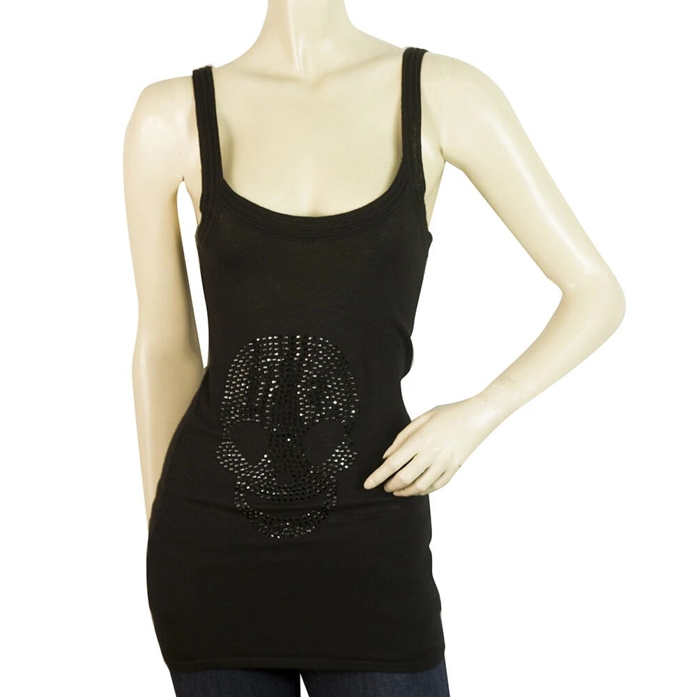 Paula Thomas for TW Black Skull Rhinestones Sleeveless Tank Top Long Blouse sz S (1 of 6)