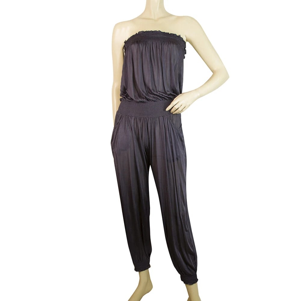 Purple Women’s Semi Sheer Silky Strapless Overall Jumpsuit (1 of 4)