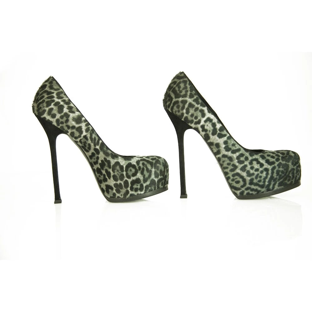 Yves Saint Laurent Gray Leopard Calf Hair Tribute Tribtoo Heels Pumps 40 Shoes - 5