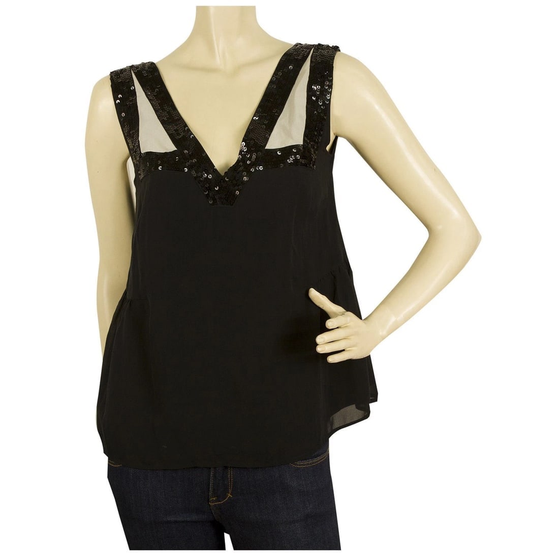 See by Chloe Black Nude Sequined 100% Silk A- Line Tank Top Blouse size 42 (1 of 5)