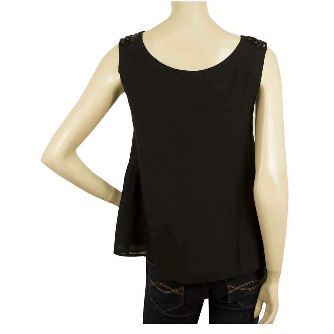See by Chloe Black Nude Sequined 100% Silk A- Line Tank Top Blouse size 42 - 2