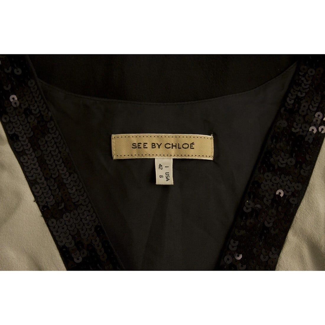 See by Chloe Black Nude Sequined 100% Silk A- Line Tank Top Blouse size 42 - 3