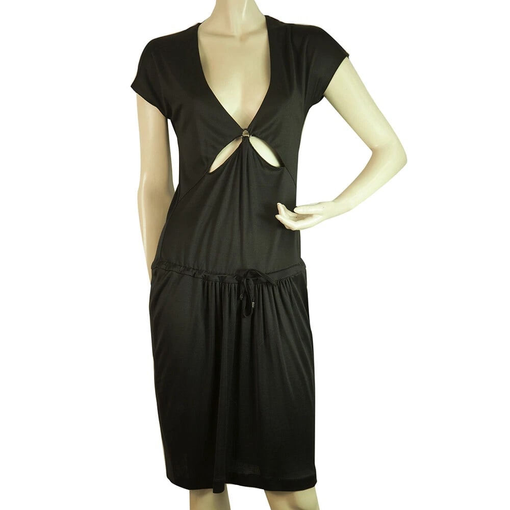 Tomas Maier Black Silk V Neckline w. Slits Cap Sleeves Knee Jersey Dress size 36 (1 of 6)