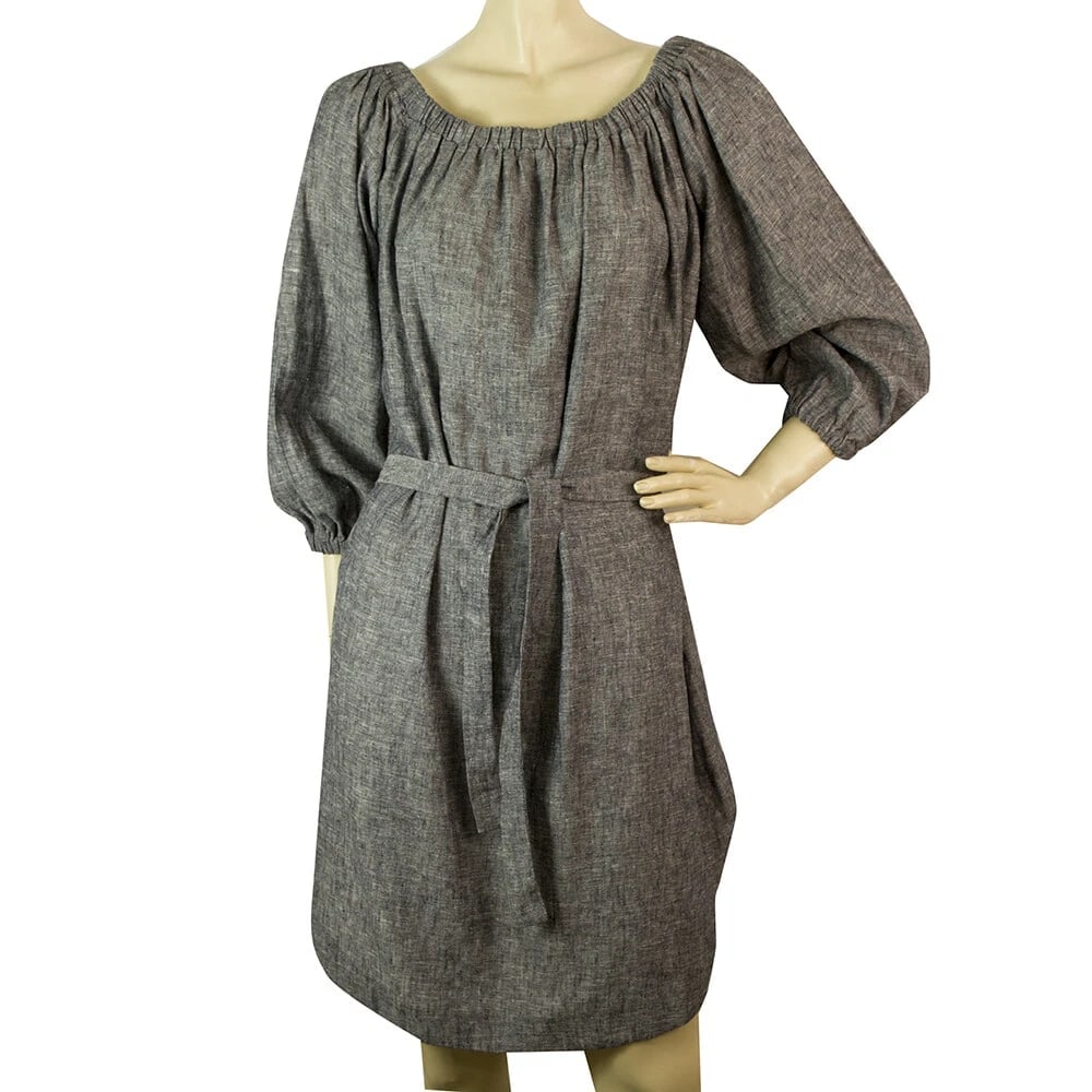 KORI Gray Cotton Linen Just Above Knee Length Belted Summer Dress size S (1 of 8)