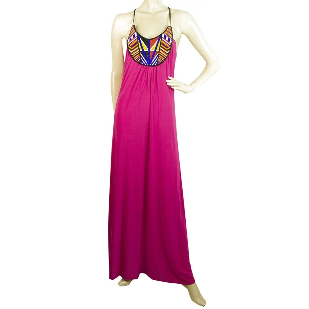T - Bags Los Angeles Fuchsia with Beaded Bib Racer Back Maxi Dress (1 of 5)