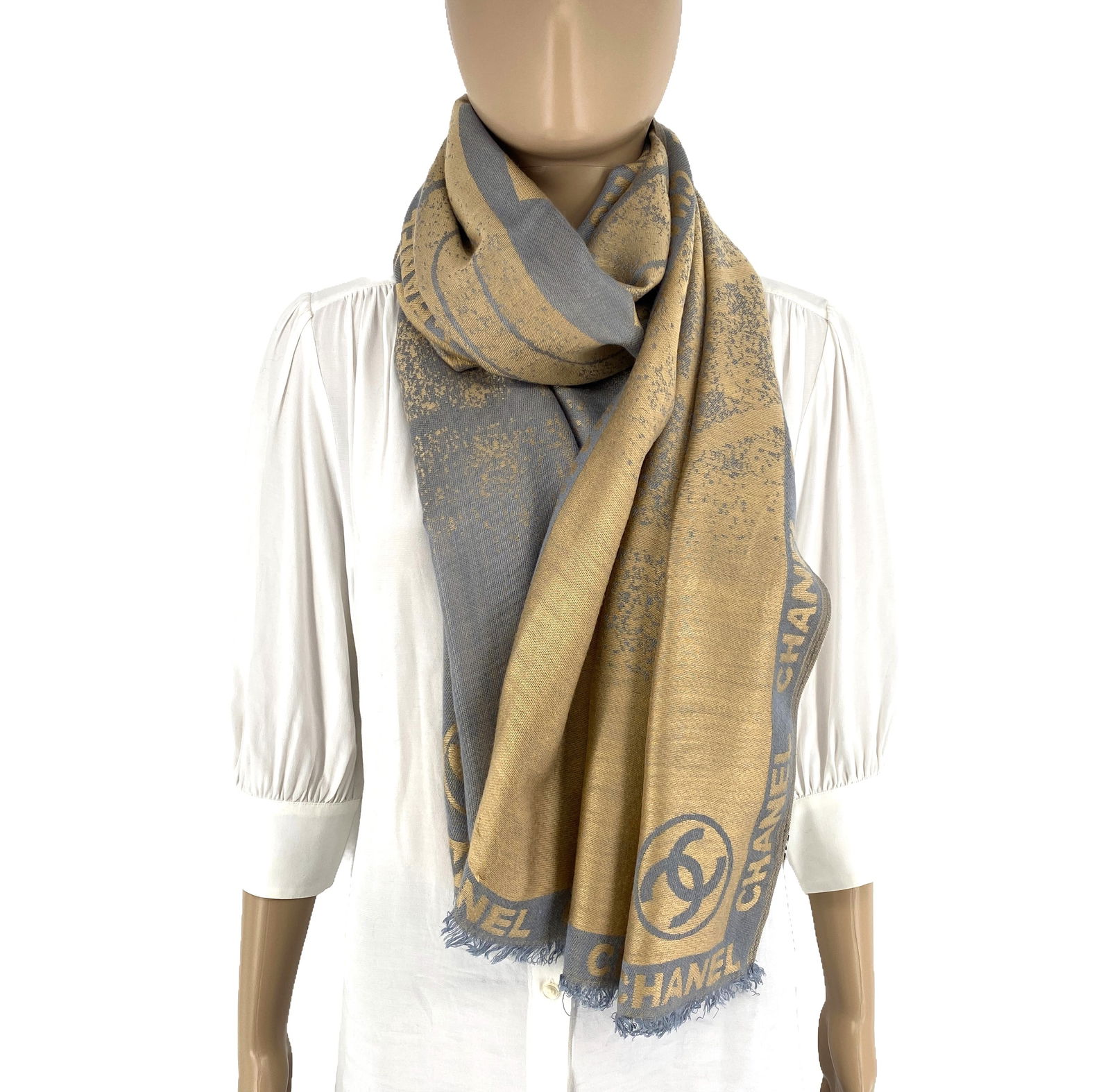 Chanel 100% Soft Thin Wool Gold & Grey Large Shawl - 4