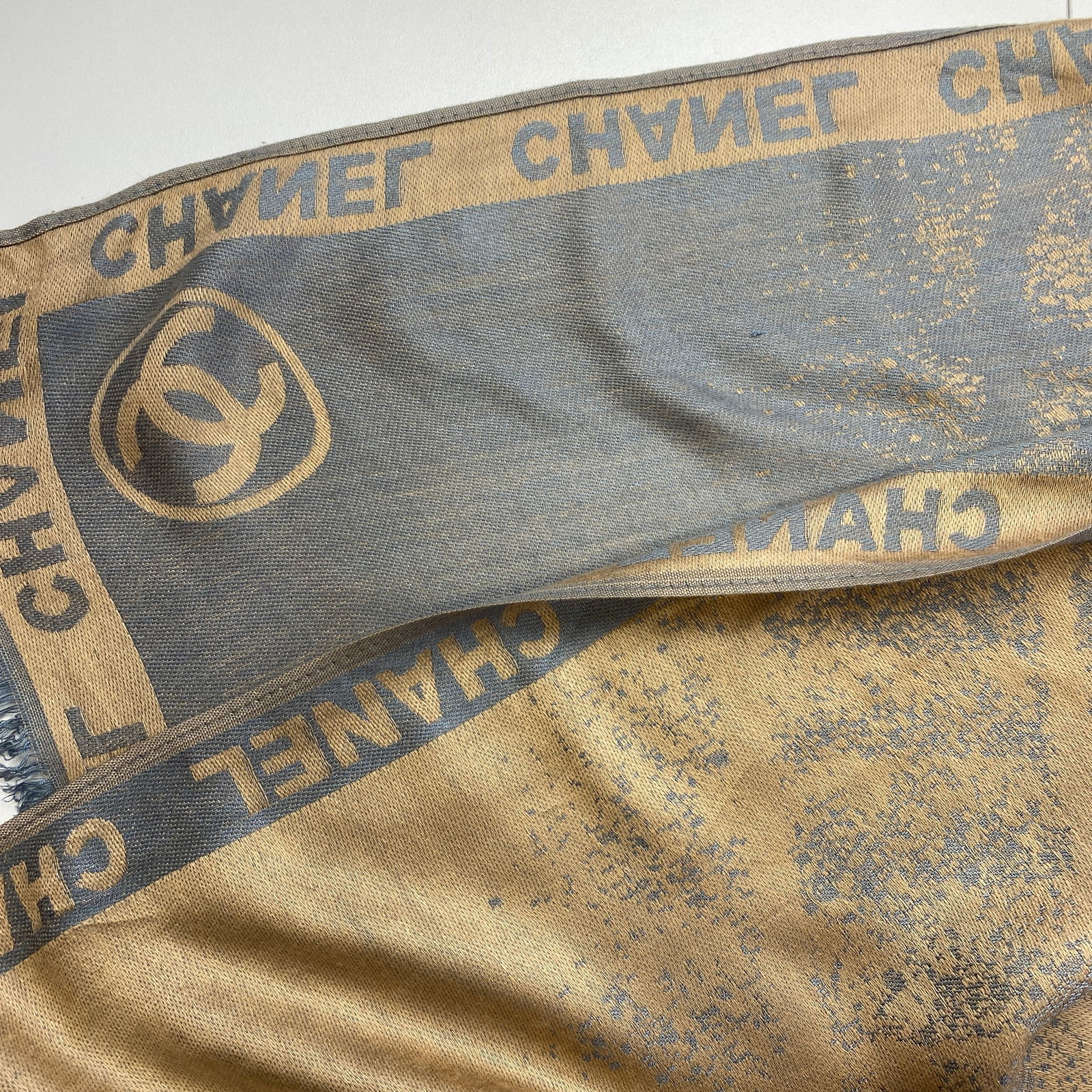Chanel 100% Soft Thin Wool Gold & Grey Large Shawl - 5