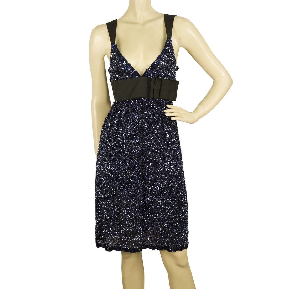 Duyan Midnight Blue Black Fully Sequined Knee Length Bow Dress size 42 It (1 of 5)