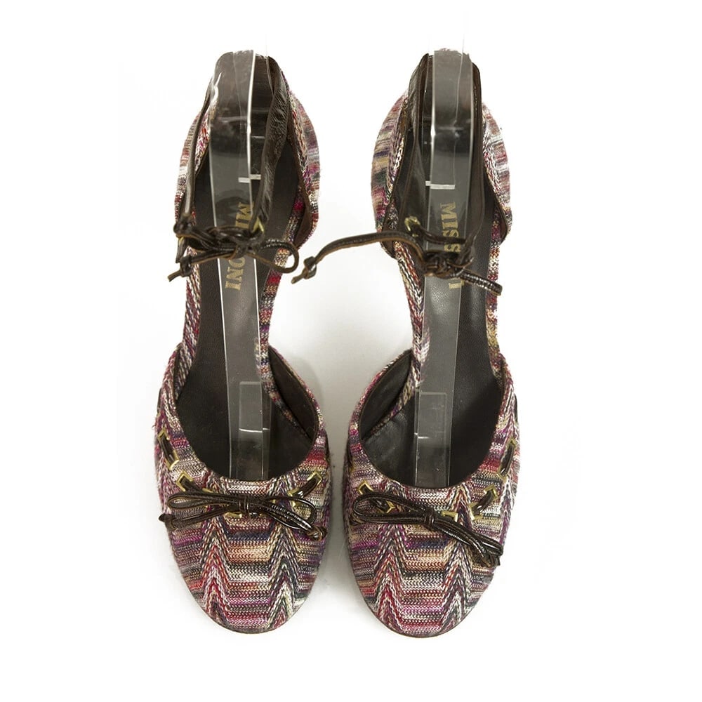 Missoni Purple Hues Fabric Brown Patent Leather Ankle Strap Heels pumps shoes 37 - 2