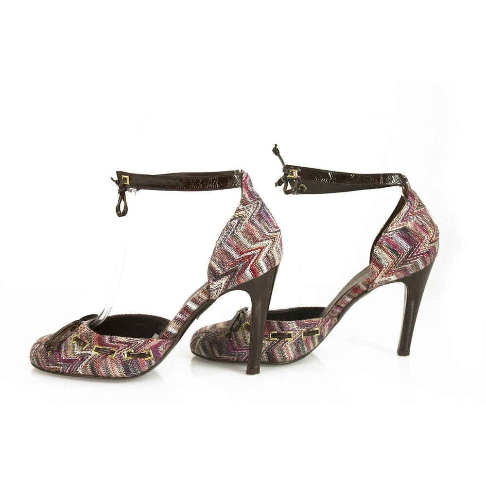 Missoni Purple Hues Fabric Brown Patent Leather Ankle Strap Heels pumps shoes 37 - 4