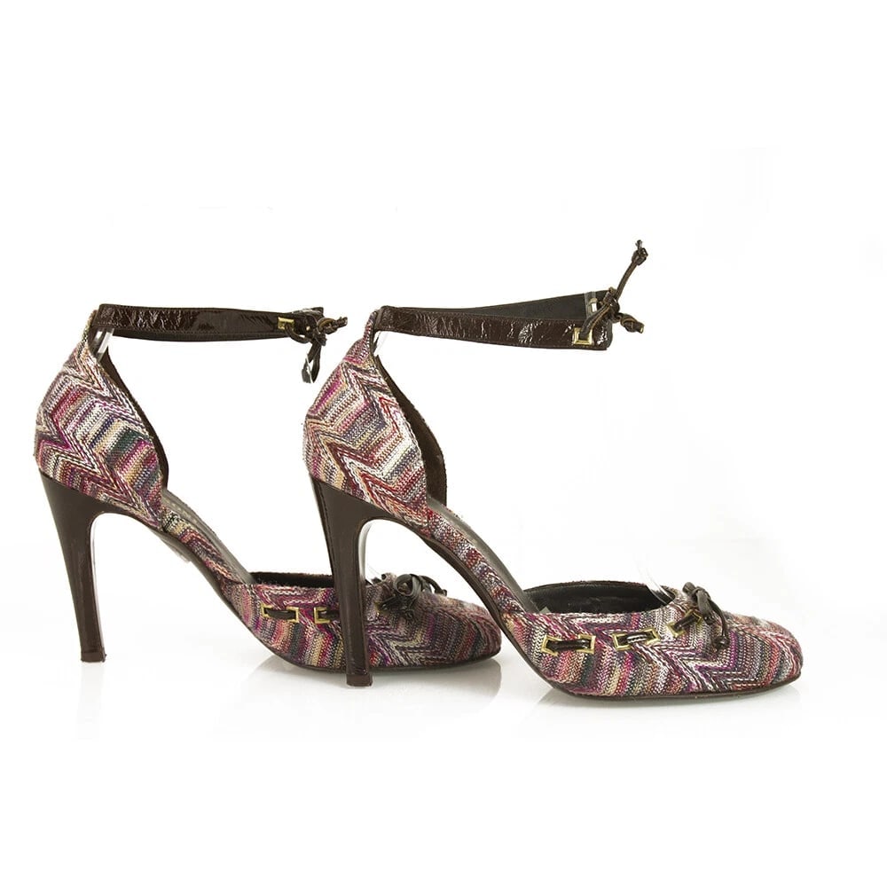 Missoni Purple Hues Fabric Brown Patent Leather Ankle Strap Heels pumps shoes 37 - 5