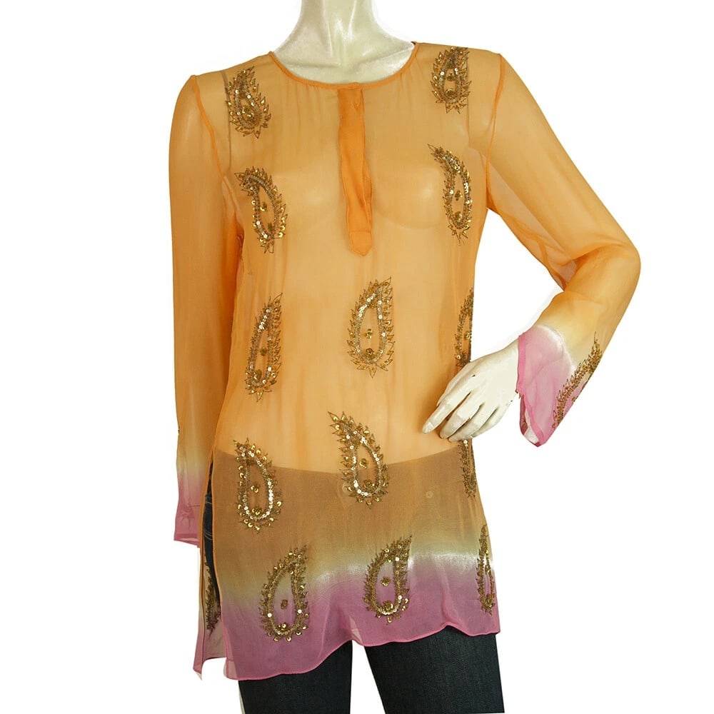A ce soir Orange Silk Paisley Sequins Blouse Tunic Kaftan Cover Up Top sz S (1 of 5)