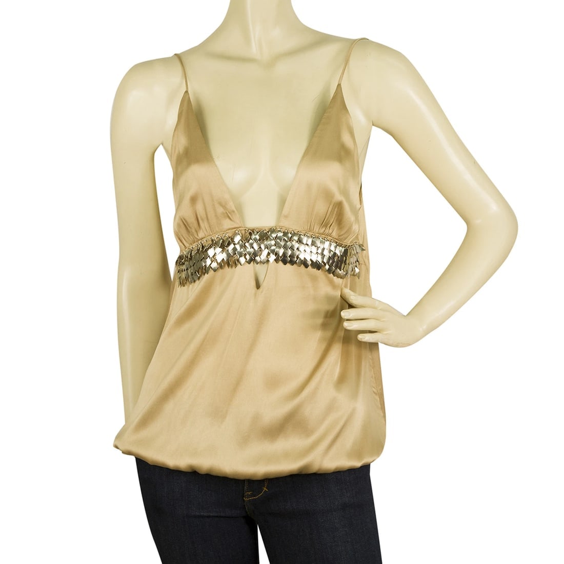 JR Satin Shiny Beige Silver Dangling Beads Spaghetti Strap Cami Top Blouse (1 of 6)