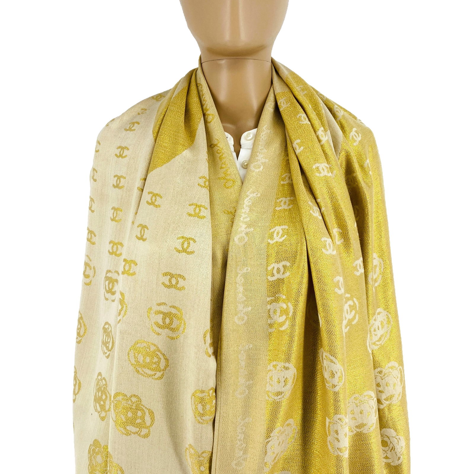 Chanel 50% Silk 50% Wool Gold Scarf Shawl - 2