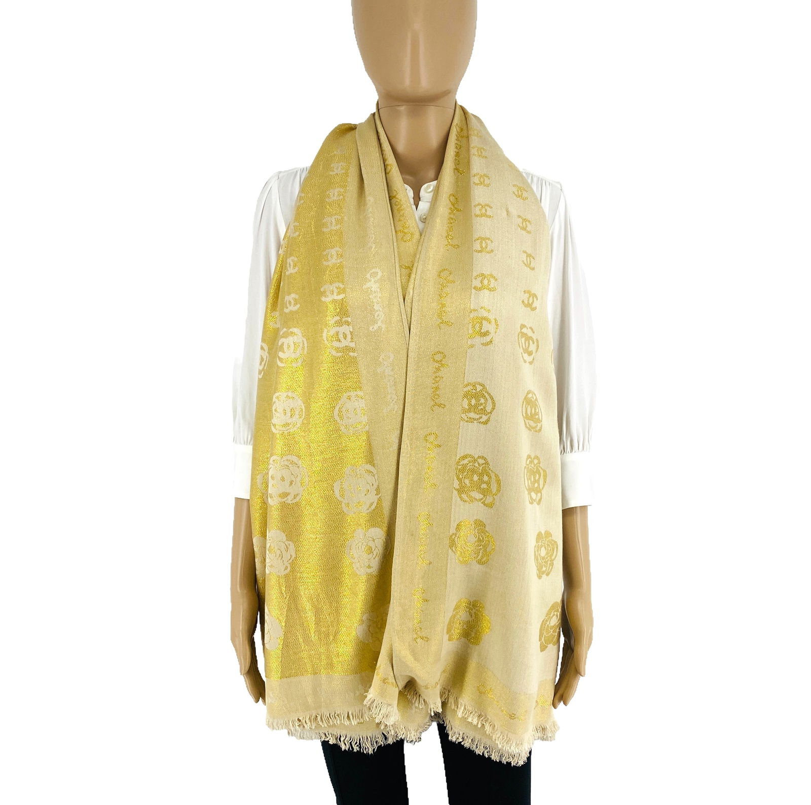 Chanel 50% Silk 50% Wool Gold Scarf Shawl - 3