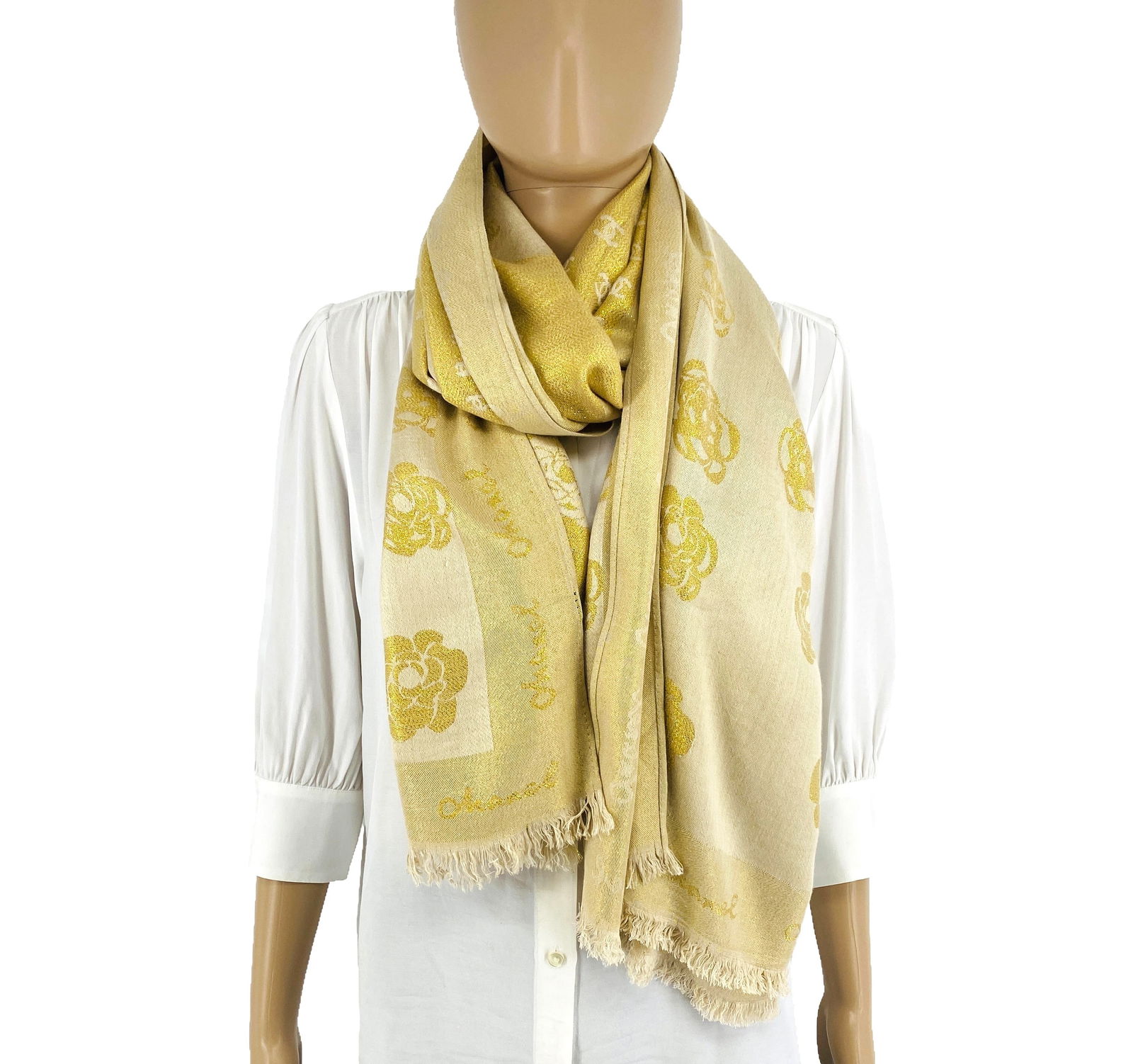 Chanel 50% Silk 50% Wool Gold Scarf Shawl - 4