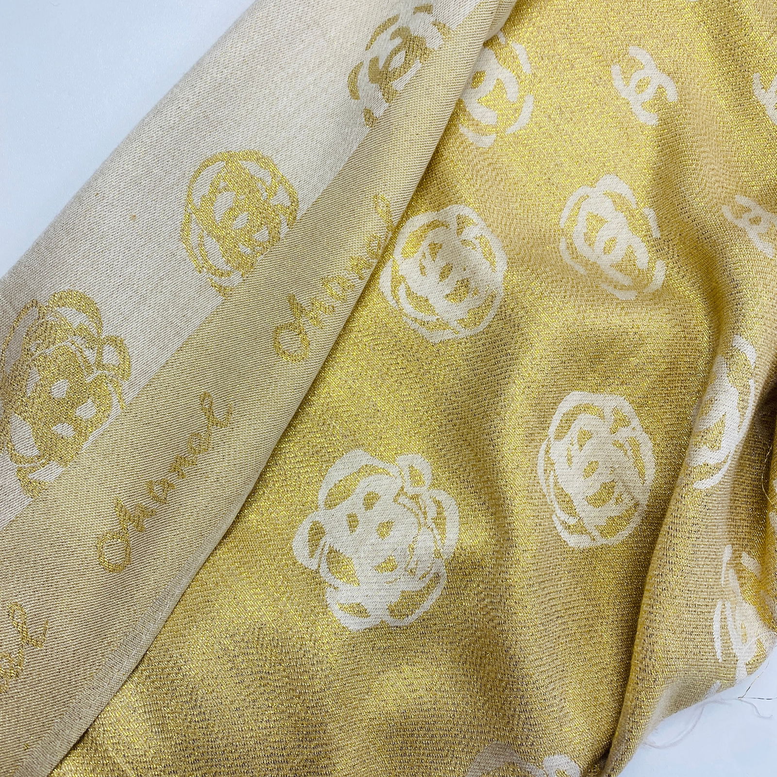 Chanel 50% Silk 50% Wool Gold Scarf Shawl - 5