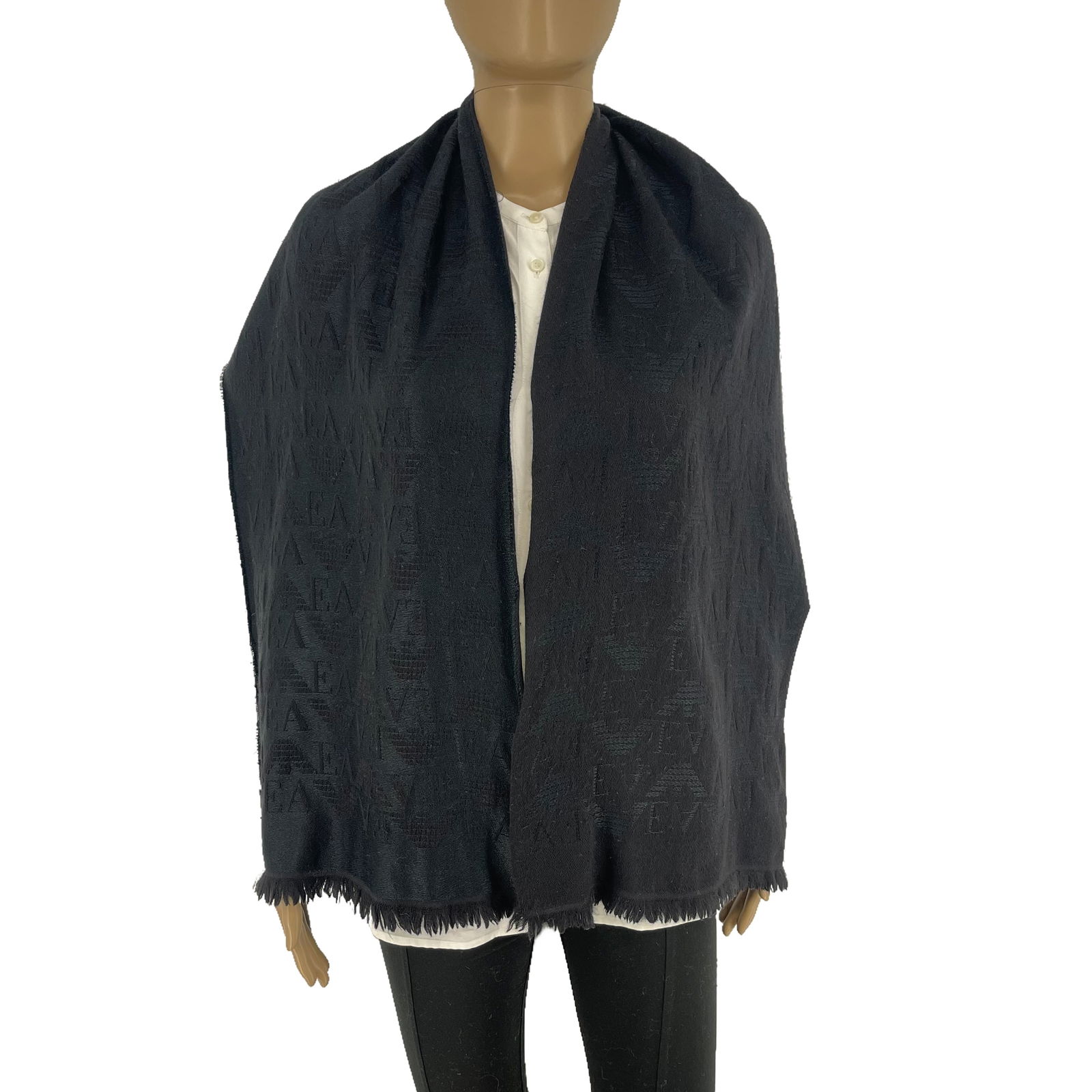 Emporio Armani Black Printed 80% Wool 20% Silk Scarf (1 of 10)