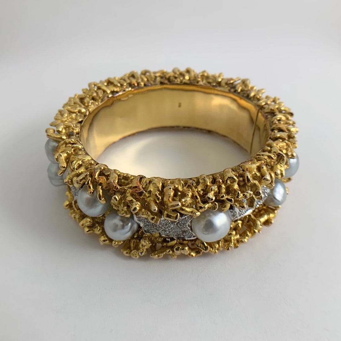 Vintage Silver Baroque Pearl Diamond Bangle Bracelet 14K Yellow Gold, 173 Grams - 9