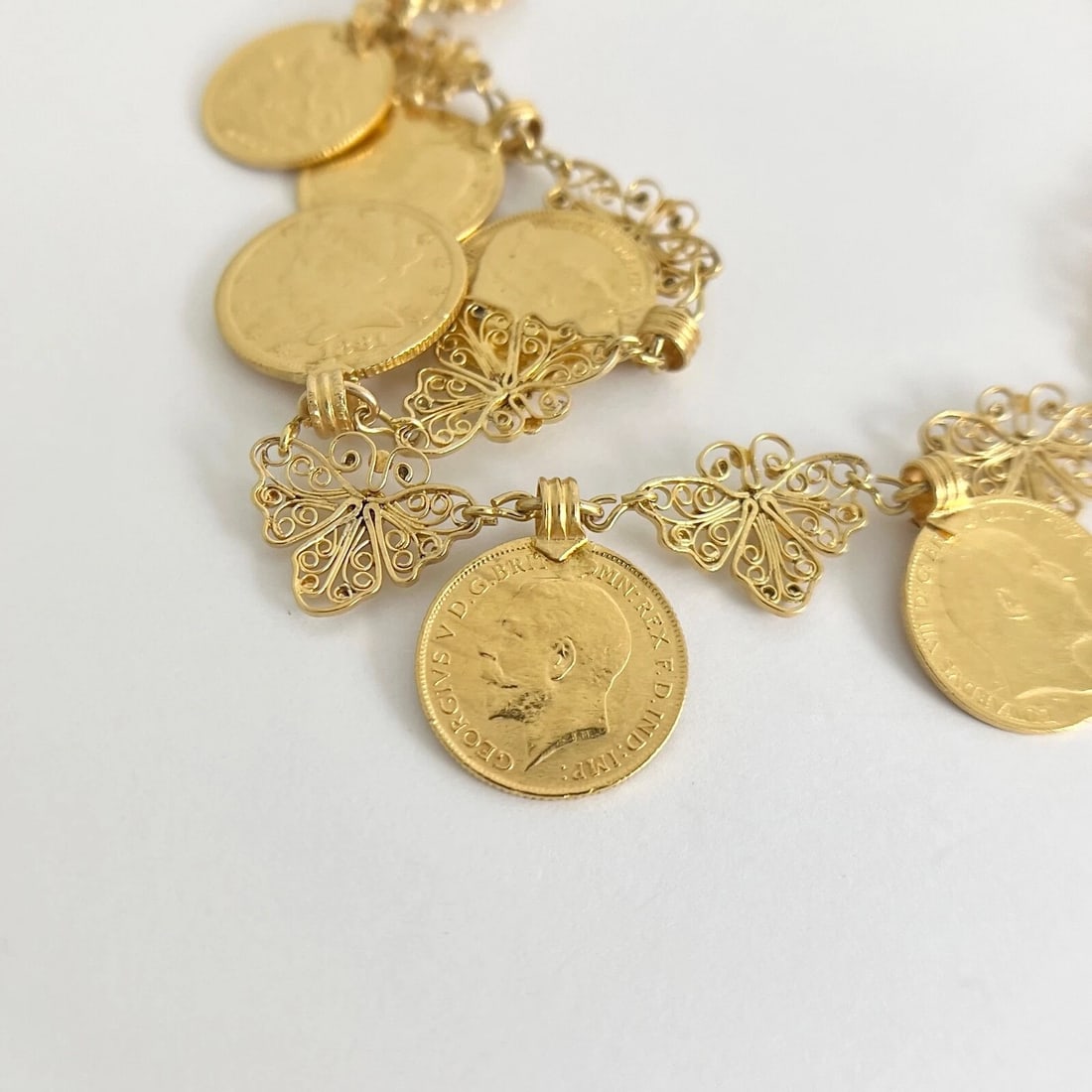 Vintage Antique Coin Butterfly Chain Necklace 22K Yellow Gold, 52.56 Grams - 12
