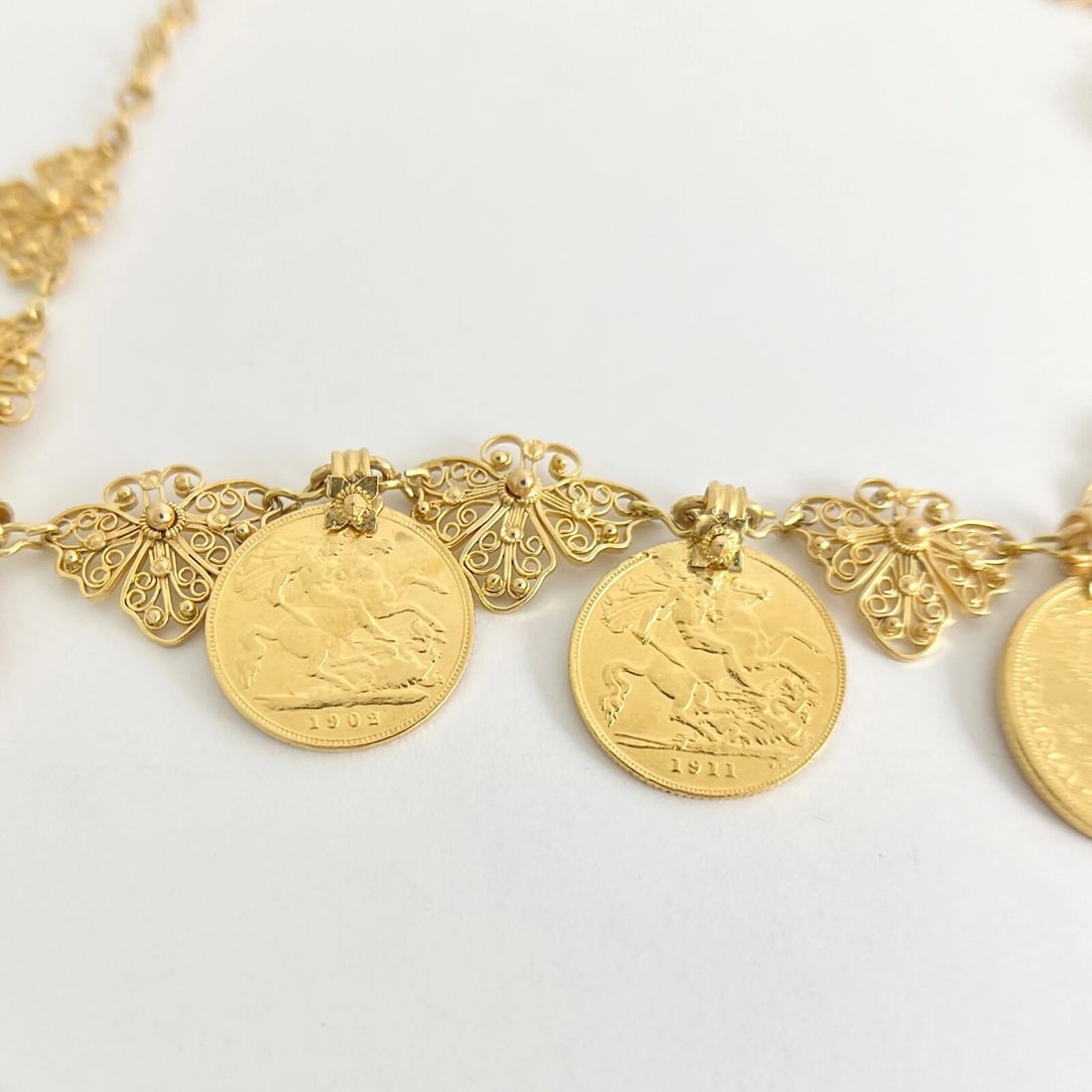 Vintage Antique Coin Butterfly Chain Necklace 22K Yellow Gold, 52.56 Grams - 8
