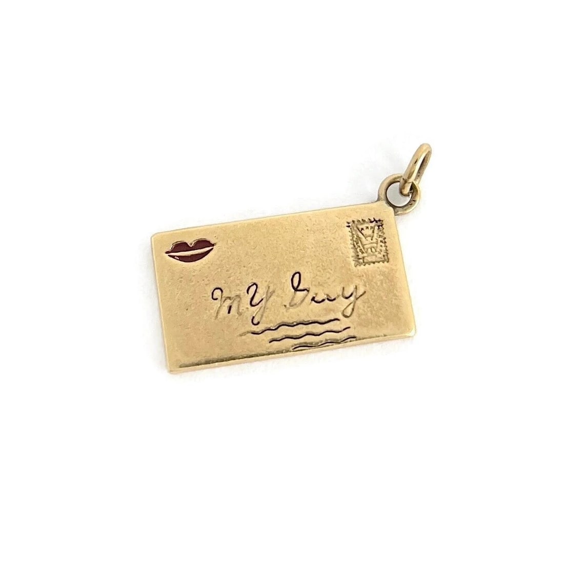 Vintage 1950's My Guy Love Letter Kiss Lips Charm 14K Yellow Gold, 2.70 Grams: Vintage 1950's My Guy Love Letter Kiss Lips Charm 14K Yellow Gold, 2.70 Grams This is a unique charm that can be worn on the necklace or bracelet chain of your choice. Circa: 1950's Enamel: red