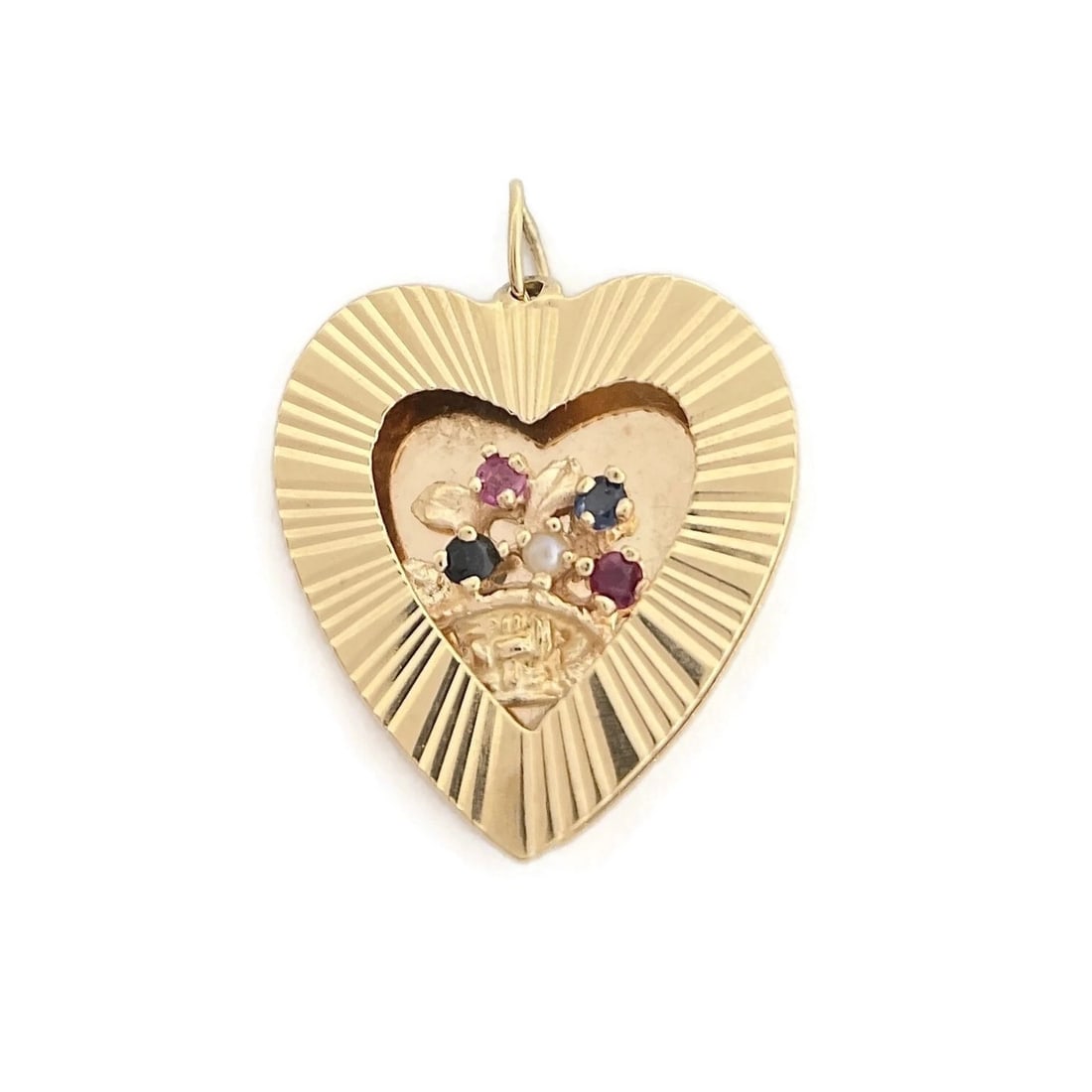 Vintage 1950's Sapphire Ruby Fluted Heart Charm Pendant 14K Yellow Gold, 5.73 Gr: Vintage 1950's Sapphire Ruby Fluted Heart Charm Pendant 14K Yellow Gold, 5.73 Gr This is such a lovely pendant that can be worn on the chain of your choice. Circa: 1950's Gemstones: .16 ctw; 2