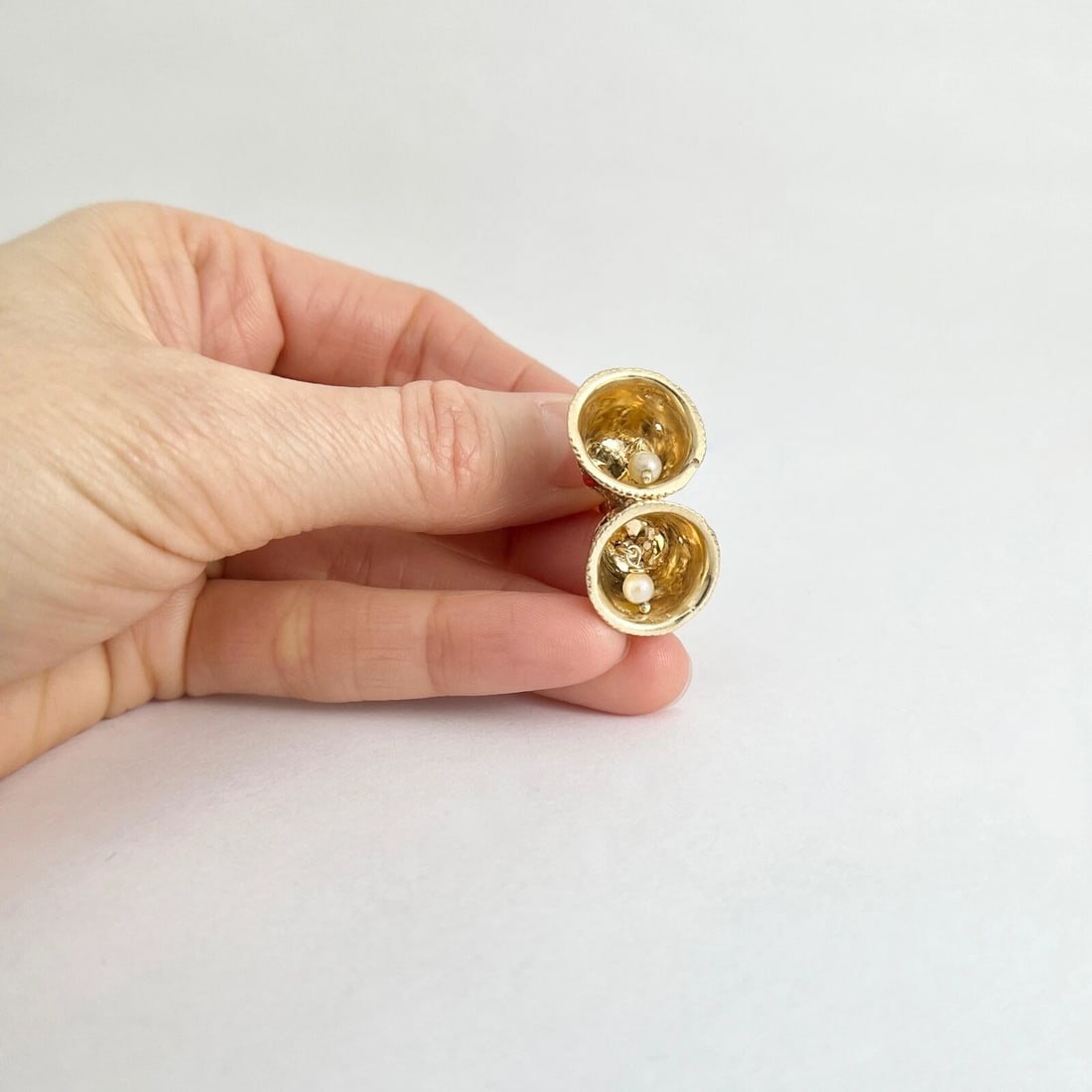 Vintage 1960's Pearl Coral Two Wedding Bells Charm 14K Yellow Gold, 10.86 Grams - 5