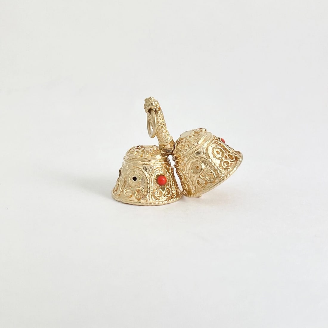 Vintage 1960's Pearl Coral Two Wedding Bells Charm 14K Yellow Gold, 10.86 Grams - 7