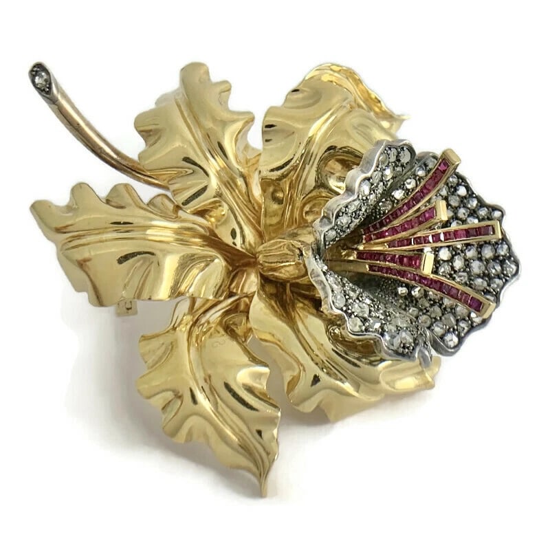 Antique Art Nouveau Diamond Ruby Flower Brooch Pin 18K Yellow Gold, 38.16 Gr (1 of 10)