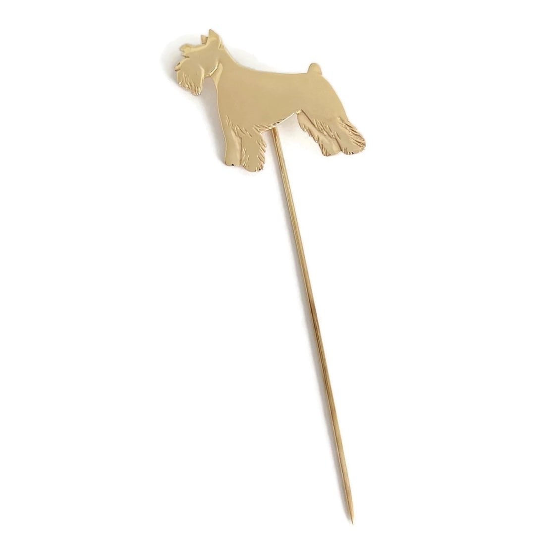 Vintage 1960's Scottish Terrier Dog Lapel Stick Pin 14K Yellow Gold, 3.56 Grams: Vintage 1960's Scottish Terrier Dog Lapel Stick Pin 14K Yellow Gold, 3.56 Grams This is a classic versatile pin that can be worn as a lapel pin, brooch, scarf or hat pin. Circa: 1960's Metal: 14K yell