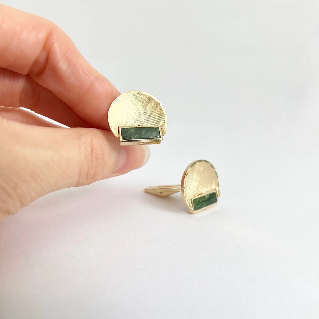 Vintage 1960's Black Onyx Green Serpentine Cufflinks 14K Yellow Gold, 13.65 Gr - 3