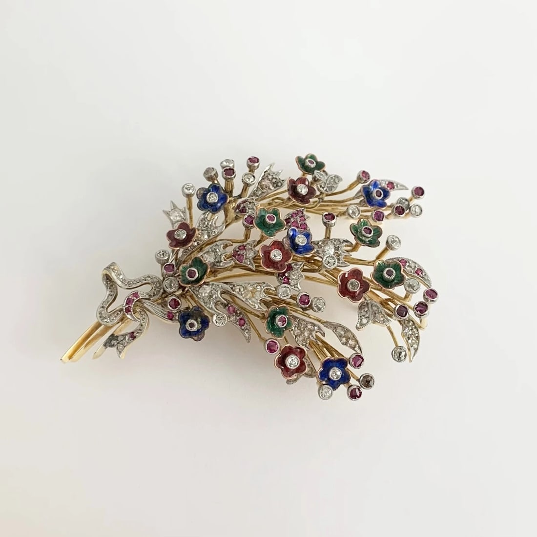 Antique Victorian Enamel Diamond Flower Spray Brooch 18K Yellow Gold, 34.49 Gram - 5