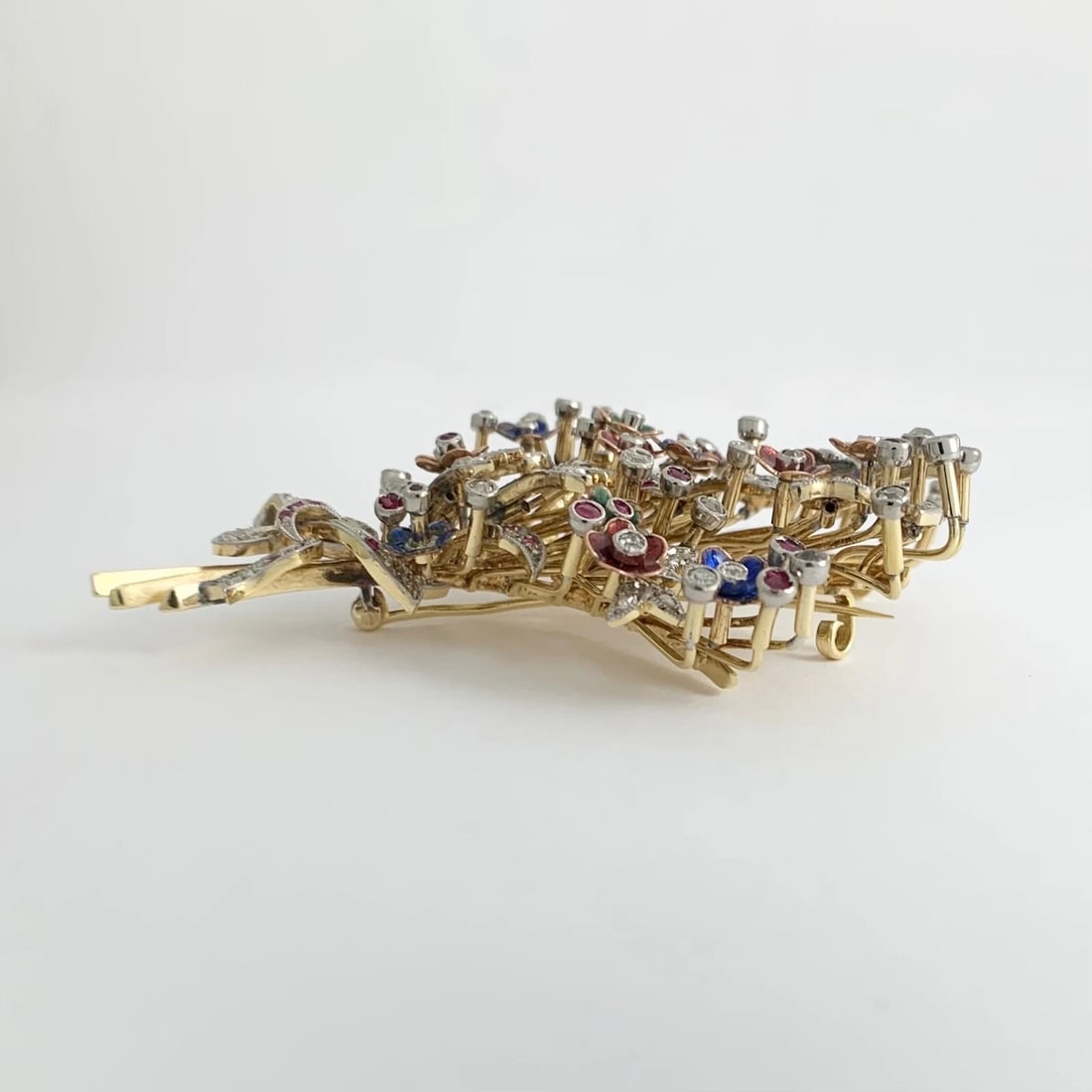 Antique Victorian Enamel Diamond Flower Spray Brooch 18K Yellow Gold, 34.49 Gram - 6