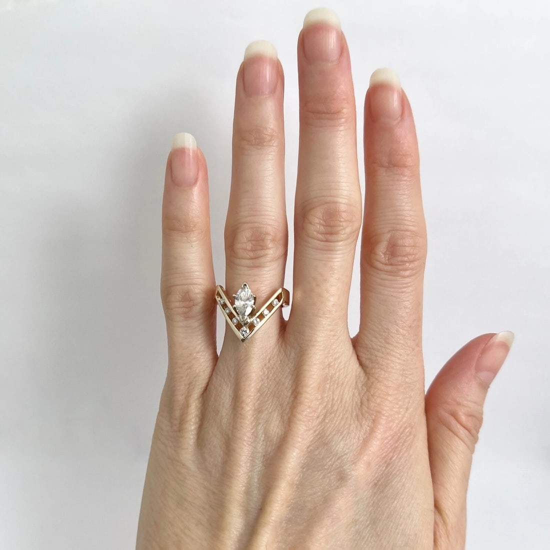 Vintage 1980's Marquise Diamond Chevron Statement Ring 14K Yellow Gold, 4.78 Gr - 2