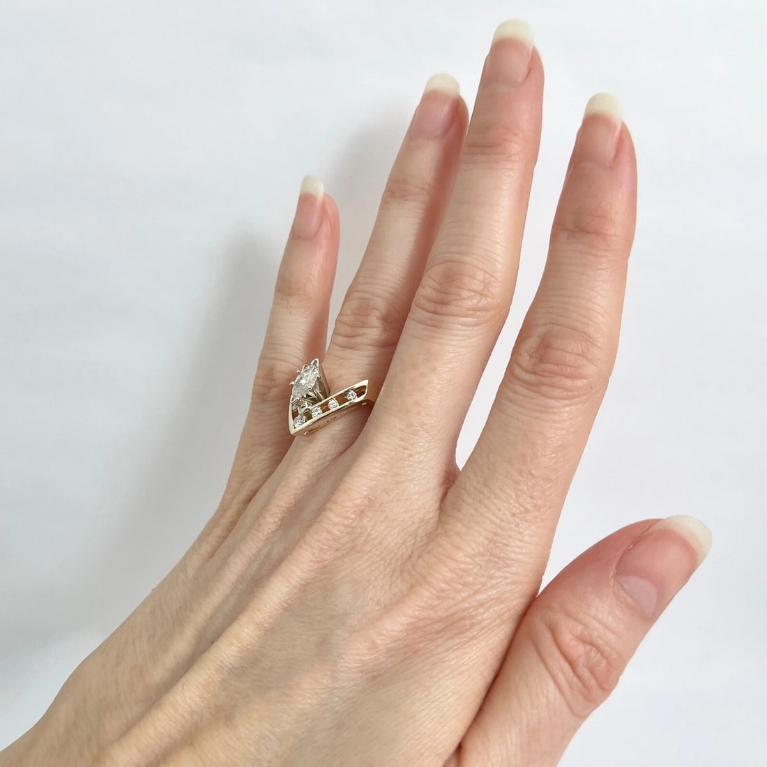 Vintage 1980's Marquise Diamond Chevron Statement Ring 14K Yellow Gold, 4.78 Gr - 4