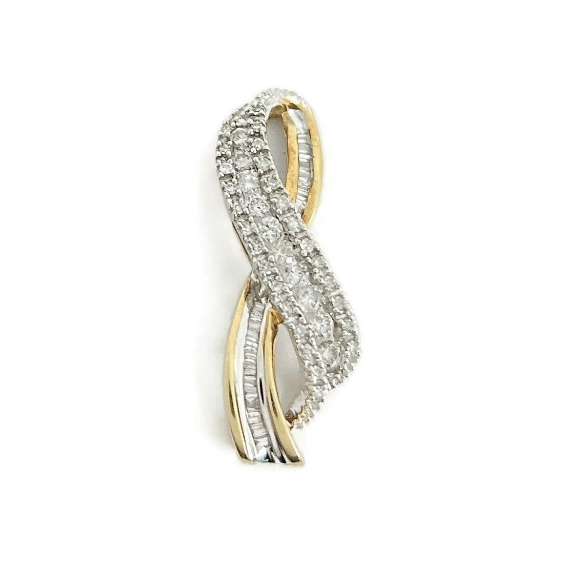 Vintage Diamond Awareness Ribbon Necklace Pendant 10K Yellow Gold, 2.03 Grams: Vintage Diamond Awareness Ribbon Necklace Pendant 10K Yellow Gold, 2.03 Grams This is such a beautiful pendant. Diamonds: .48 ctw; 37 rounds .30 ctw and 21 baguettes .18 ctw; G-H, SI2-I1 Metal: