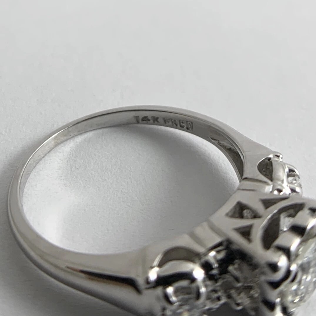 Vintage 3-Stone Diamond Scalloped Engagement Ring 14K White Gold, 3.38 Grams - 10