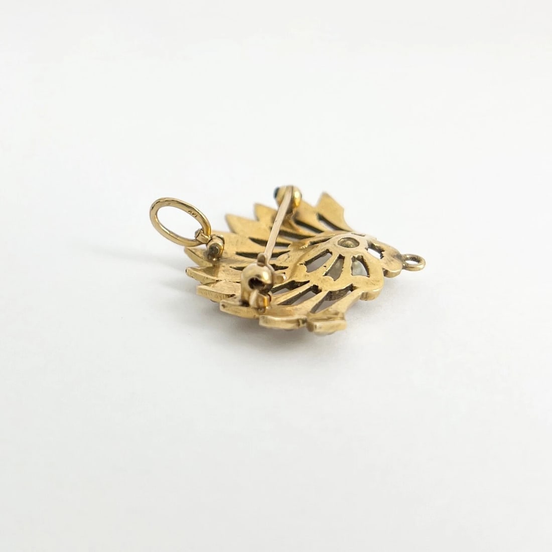 Vintage 1930's Seed Pearl Fan Brooch Pin Pendant 14K Yellow Gold, 7.19 Grams - 7