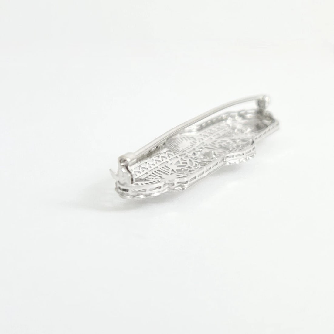 Antique Art Deco Diamond Filigree Long Brooch Pin 14K White Gold, 3.79 Grams - 9