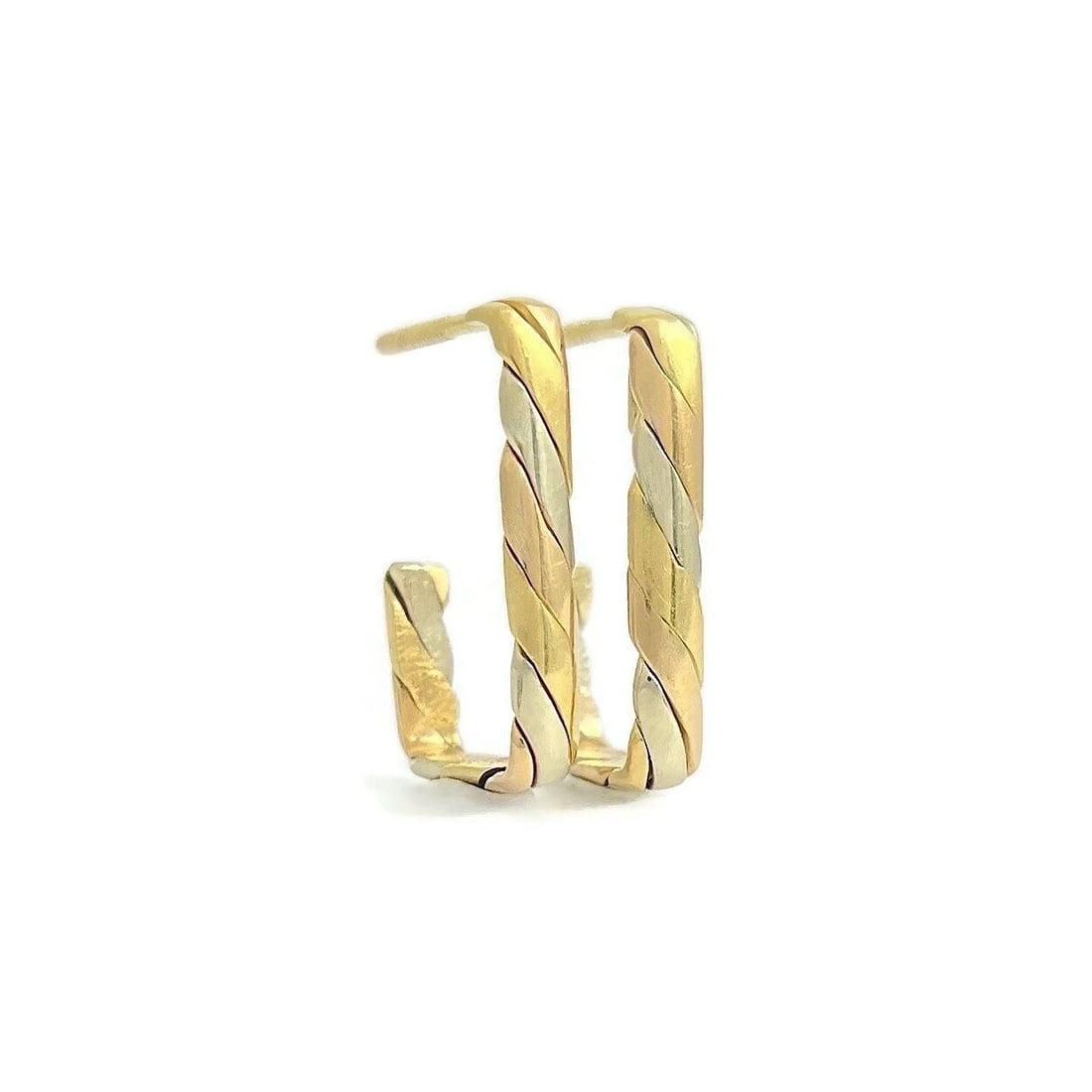 Vintage Tri-Color Square Hoop Earrings 18K Yellow Rose White Gold, 2.81 Grams: Vintage Tri-Color Square Hoop Earrings 18K Yellow Rose White Gold, 2.81 Grams These are beautiful earrings that will look great on any ears. Metal: 18K yellow, rose and white gold Weight: 2.81