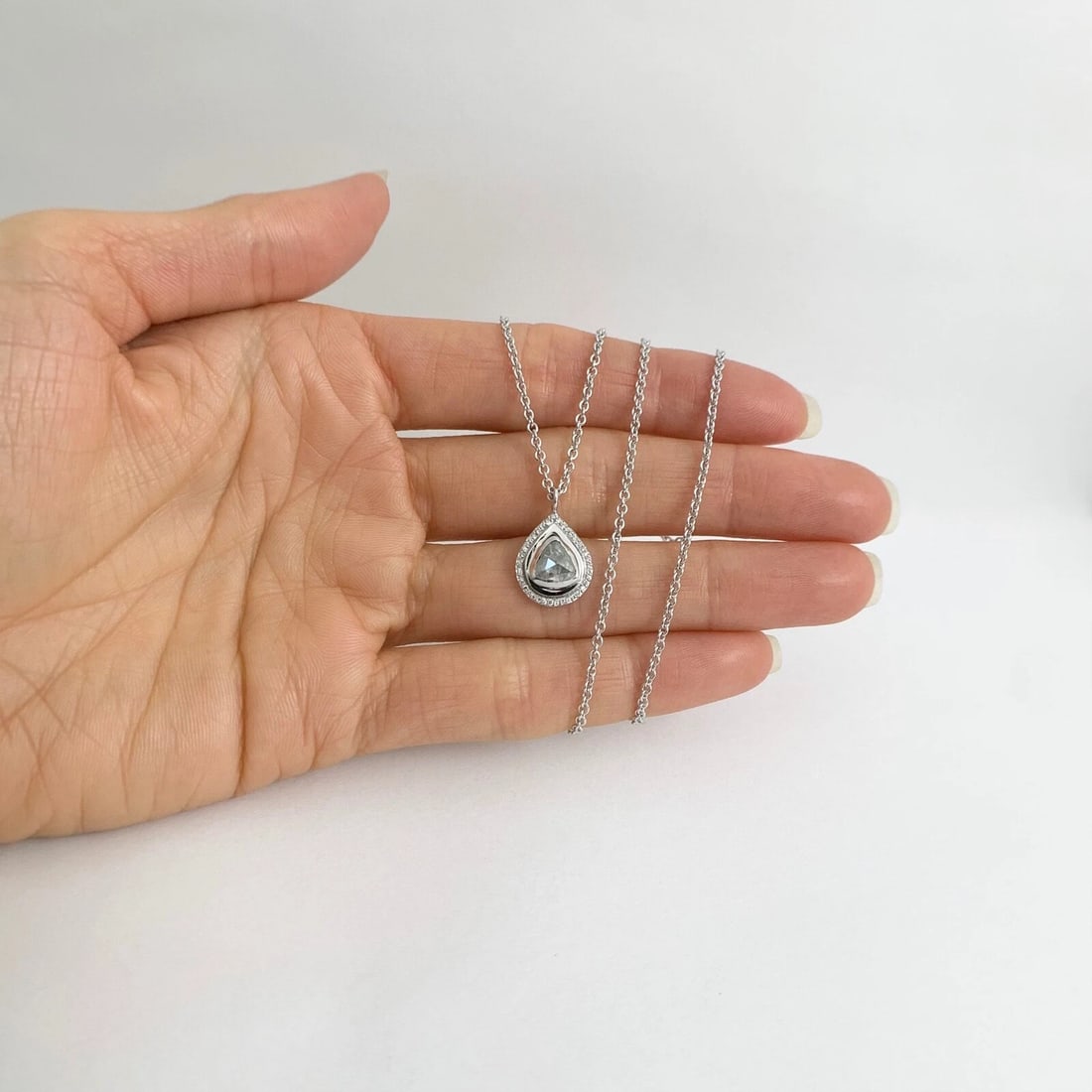 Antique Rose Cut Diamond Teardrop Halo Pendant Necklace 14K White Gold 4.87 Gr - 2