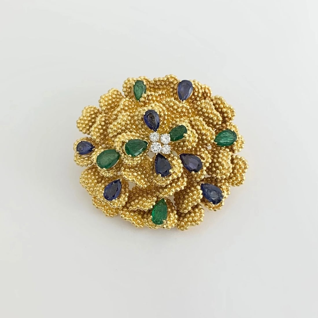 Vintage 1950's Sapphire Emerald Diamond Flower Brooch 18K Yellow Gold, 48.50 Gr - 5
