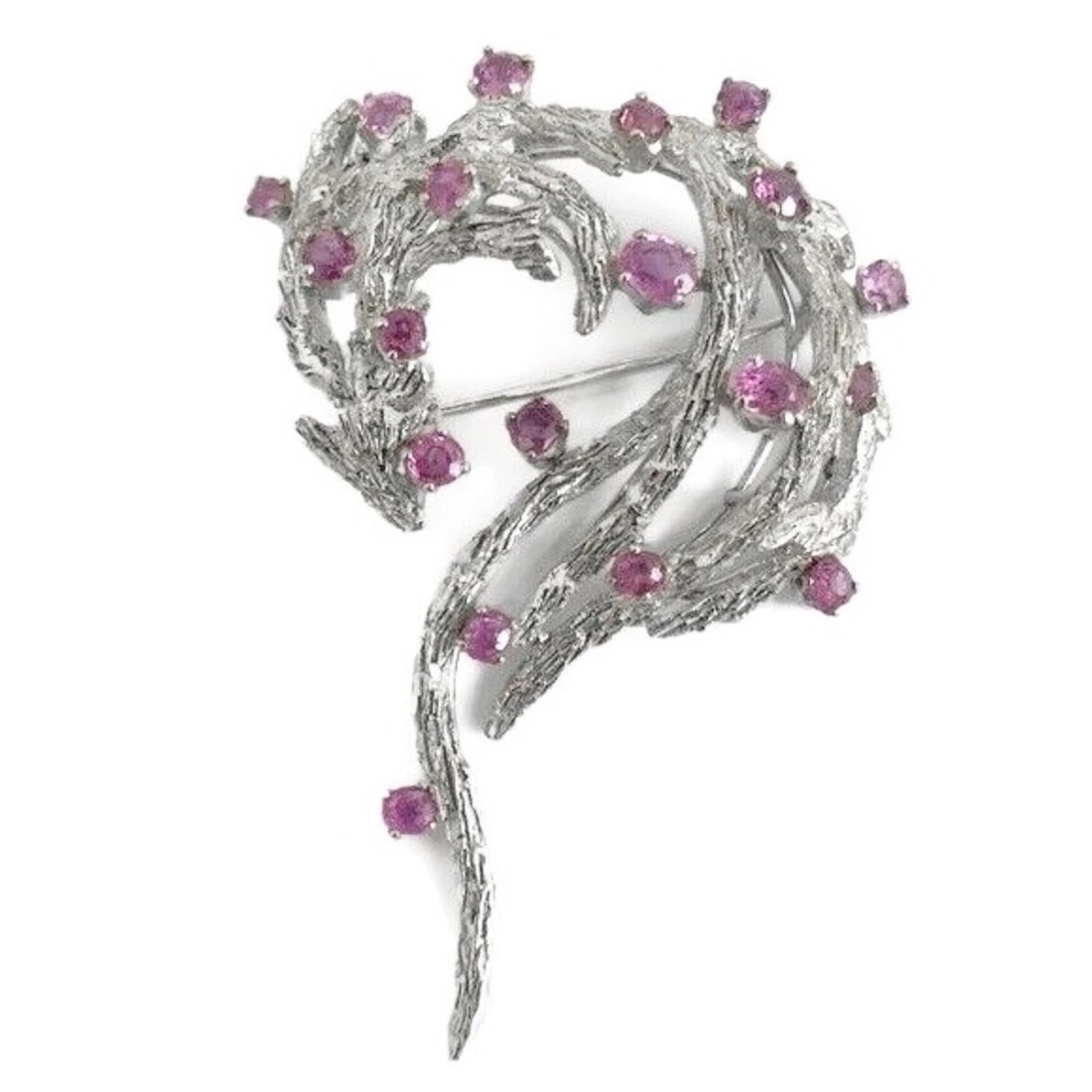 Vintage 1960's Pink Sapphire Gemstone Brooch Pin 18K White Gold, 23.5 Grams: Vintage 1960's Pink Sapphire Gemstone Brooch Pin 18K White Gold, 23.5 Grams This is a gorgeous vintage piece. Circa: 1960's Gemstones: 19 oval and round pink sapphires, 3.80 ctw Metal: 18K white