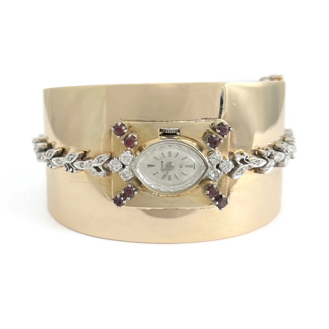 Vintage Elgin 1950's Wide Bangle Diamond Ruby Watch 14K Yellow Gold, 72.54 Grams (1 of 12)
