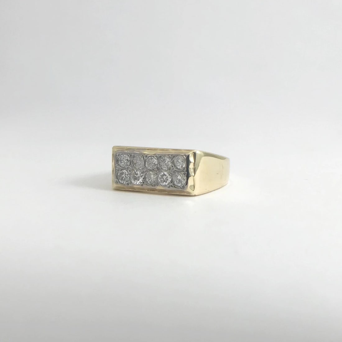 Vintage Men's Two-Row Pave Diamond Flat Top Ring 14K Yellow Gold, 10.6 Grams - 11