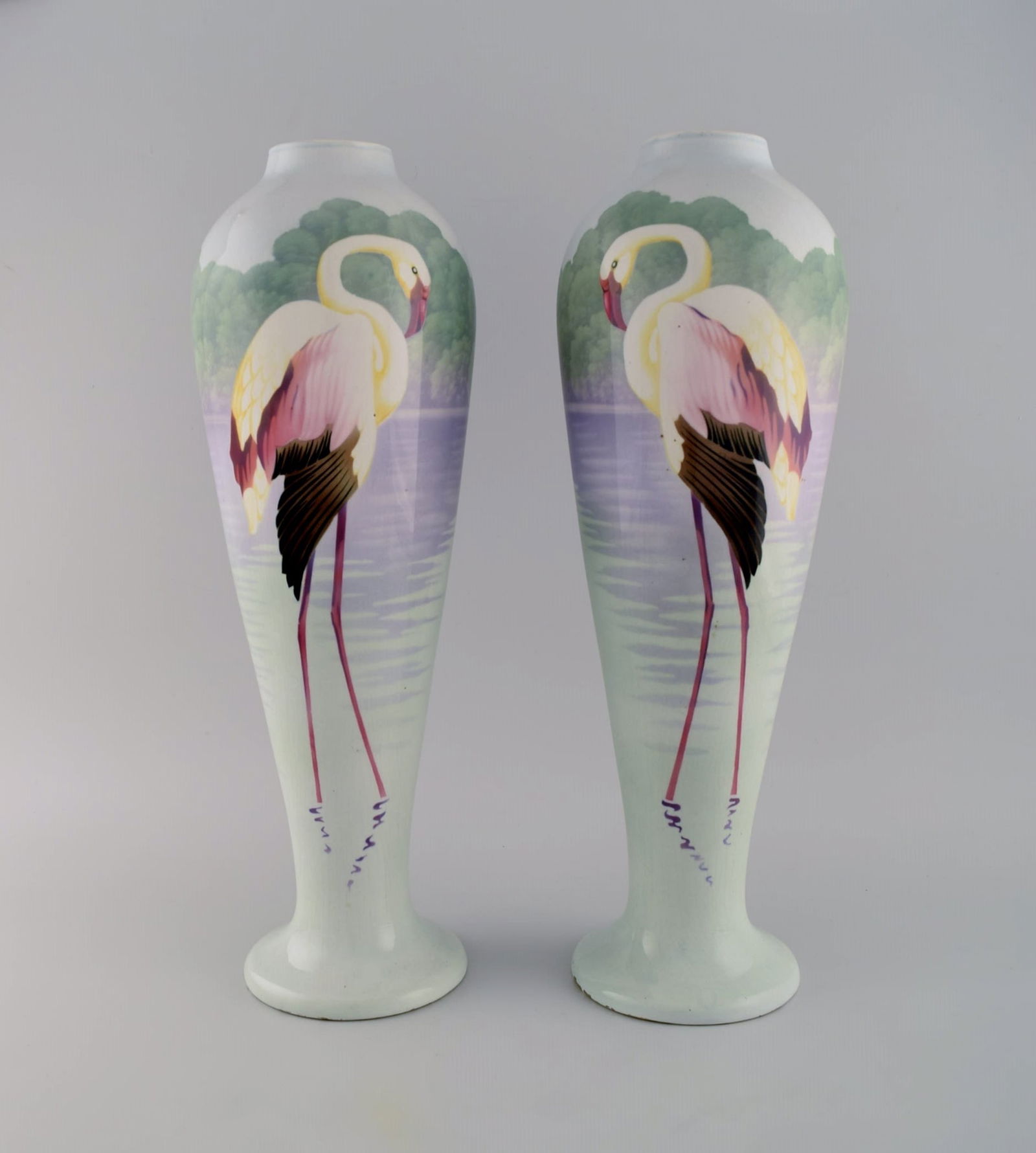 A pair of large large faience vases with hand-painted flamingos and lake pavilion. 1930s. (1 of 7)