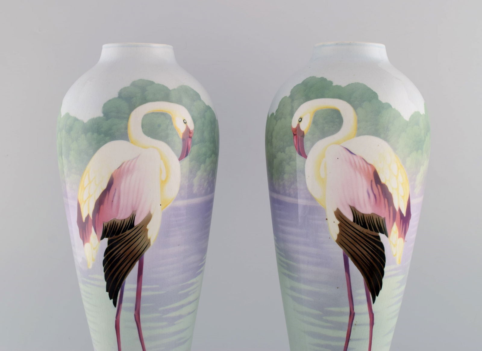A pair of large large faience vases with hand-painted flamingos and lake pavilion. 1930s. - 2
