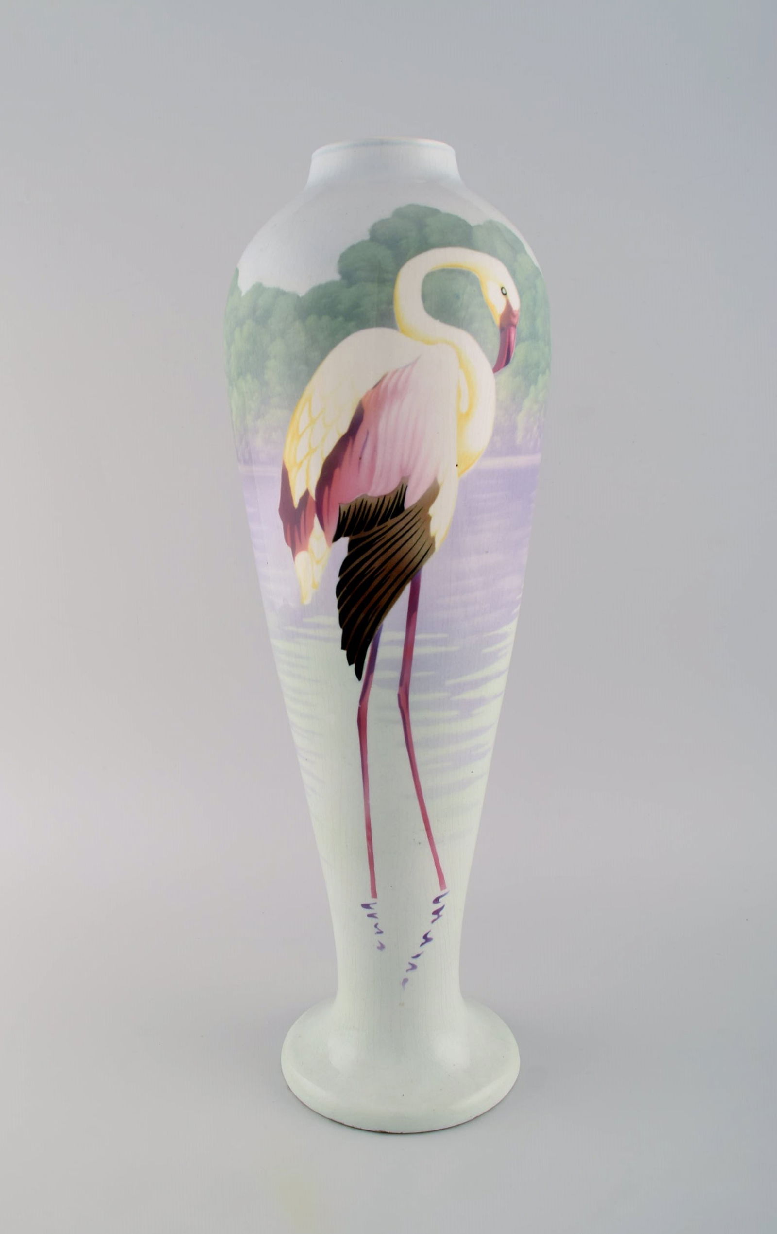 A pair of large large faience vases with hand-painted flamingos and lake pavilion. 1930s. - 4